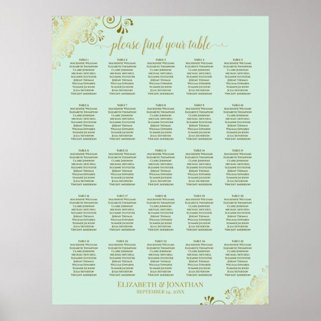 25 Table Gold & Mint Green Wedding Seating Chart (Front)