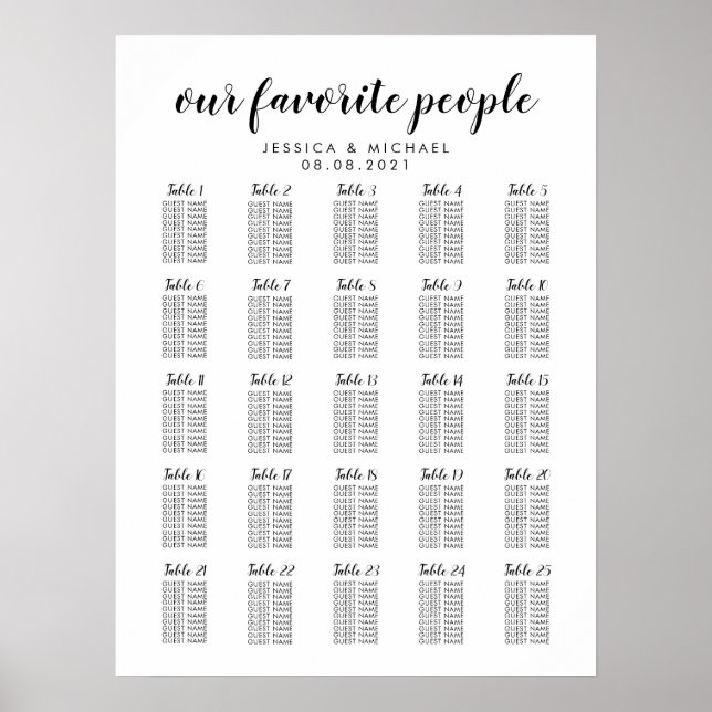 25 Table Large Wedding Guest Seating Chart (Front)