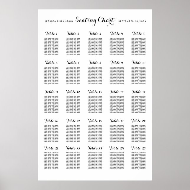 25 Table Large Wedding Seating Chart by Table (Front)