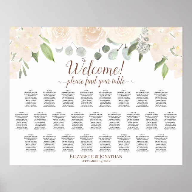 25 Table Pale Blush Peach Boho Roses Seating Chart (Front)