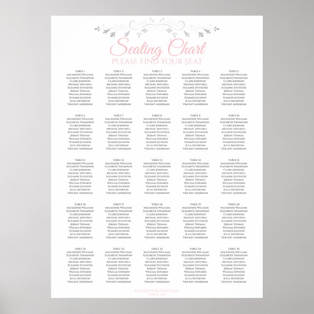 25 Table Pink & Grey Elegant Wedding Seating Chart (Front)