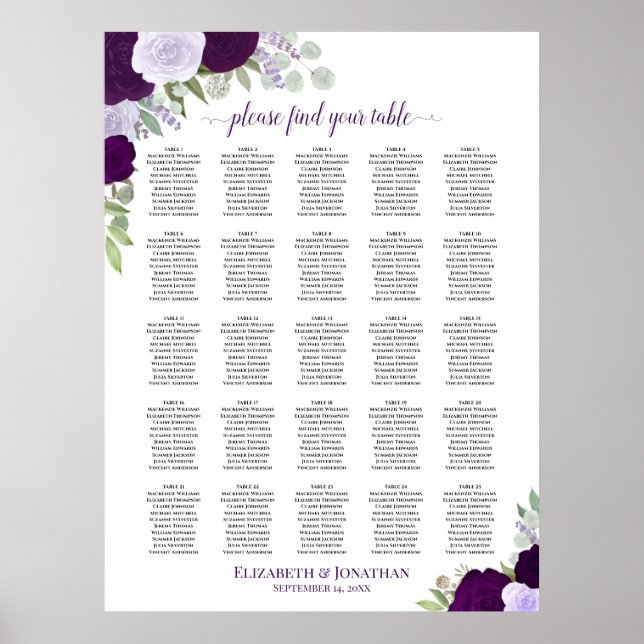 25 Table Purple Boho Floral Wedding Seating Chart (Front)