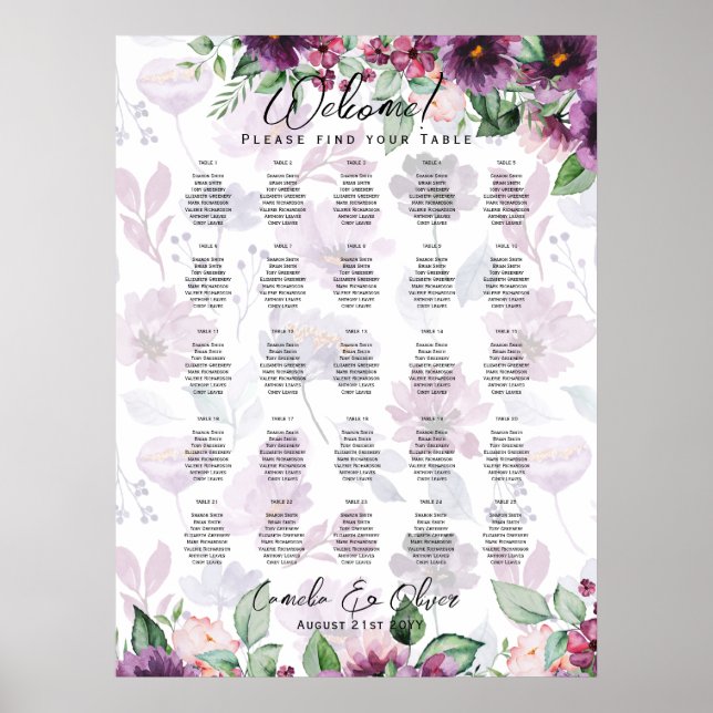 25 Table Purple Floral Floral SEATING CHART (Front)