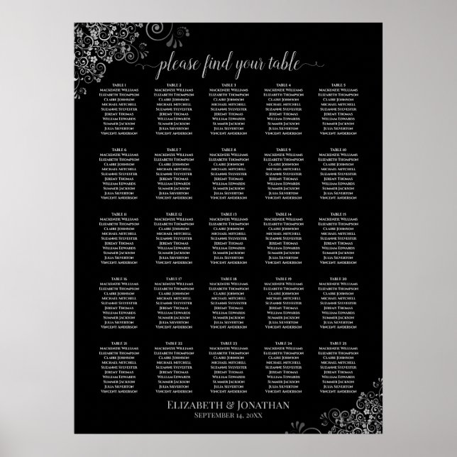 25 Table Silver & Black Wedding Seating Chart (Front)