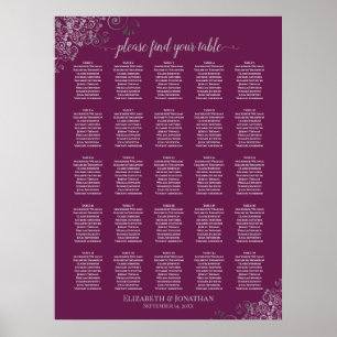 25 Table Silver & Cassis Wedding Seating Chart