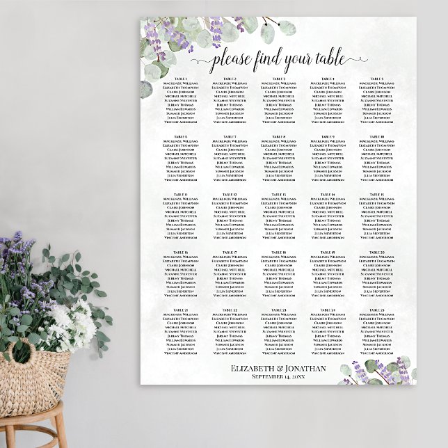 25 Table Wedding Seating Chart Lavender Eucalyptus (In Situ on Wall)