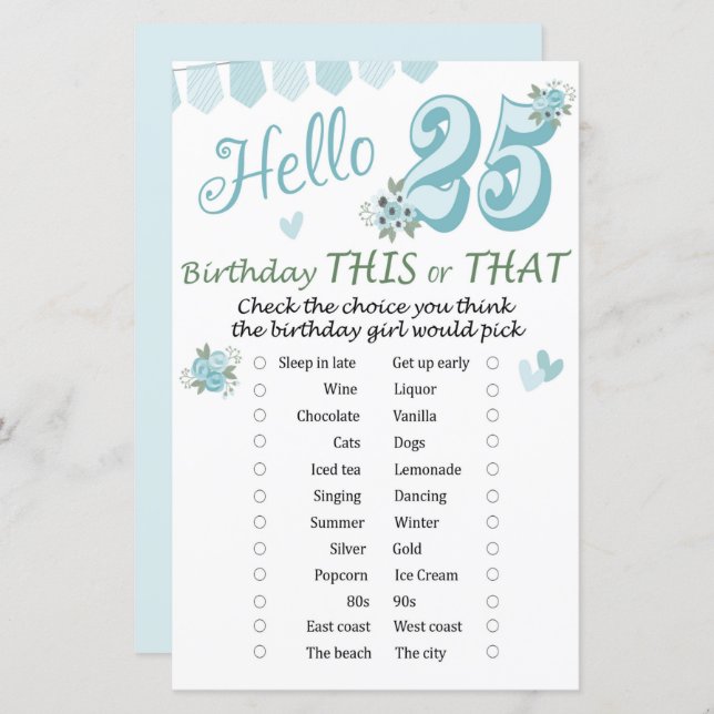 25 th Birthday This or That Game (Front/Back)