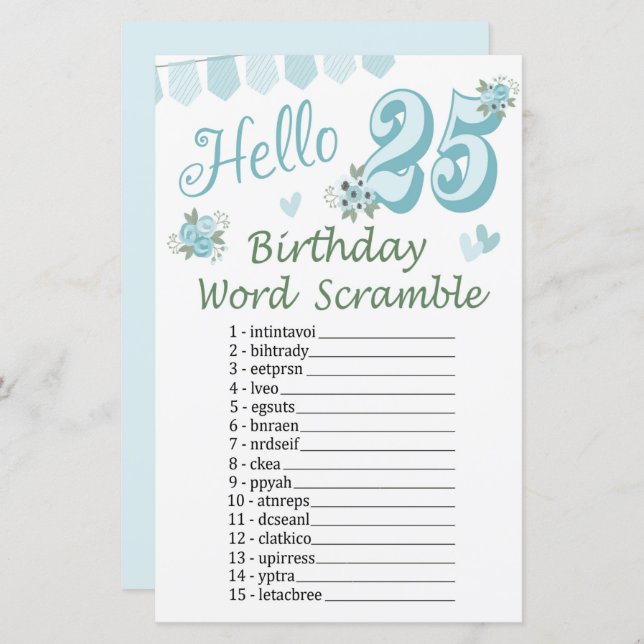 25 th Birthday Word Scramble Game (Front/Back)