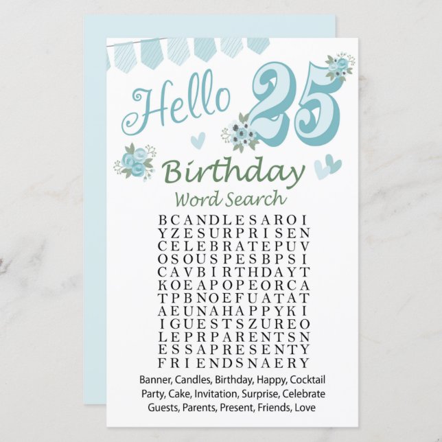 25 th Birthday Word Search Game (Front/Back)