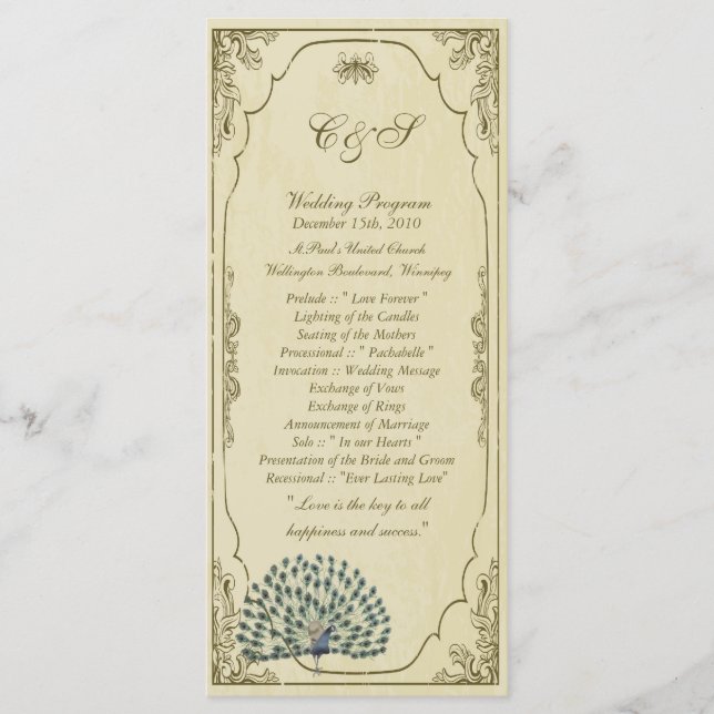 25 Vintage Peacock Wedding Programs (Front)