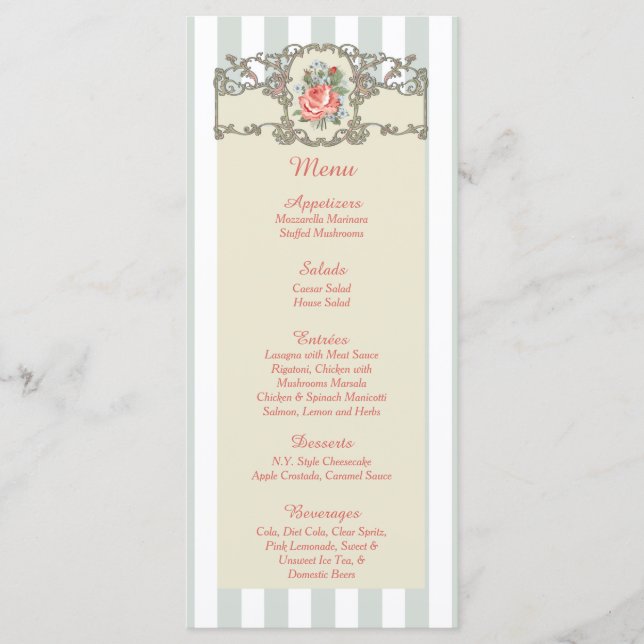 25 Vintage Rose Antique Wedding Menu Cards (Front)