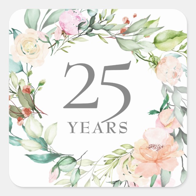25 Years Silver Wedding Anniversary Roses Floral  Square Sticker (Front)