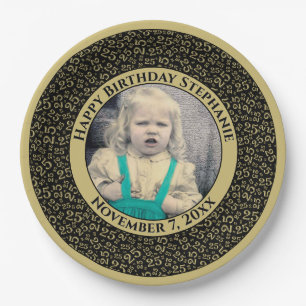 25 Your Photo Random Number Pattern Black/Gold Paper Plate