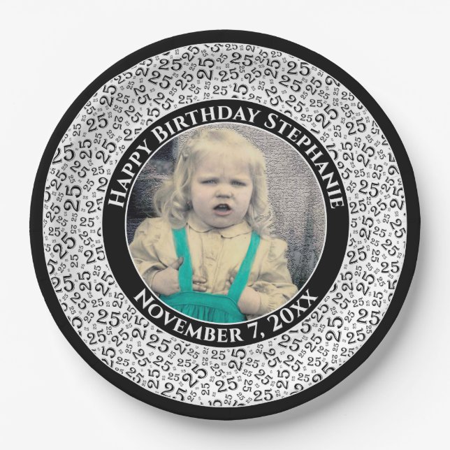 25 Your Photo Random Number Pattern Black/White Paper Plate (Front)