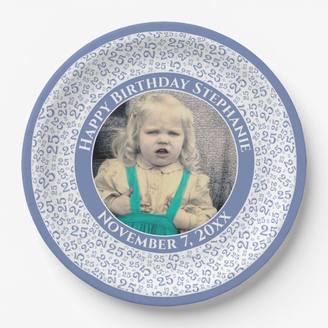 25 Your Photo Random Number Pattern Blue/White Paper Plate (Front)