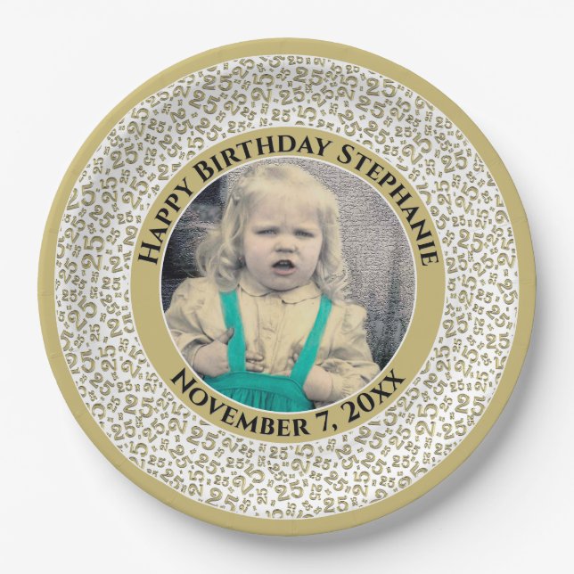 25 Your Photo Random Number Pattern Gold/White Paper Plate (Front)