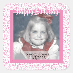 25 Your Photo Random Number Pattern Pink/White Square Sticker