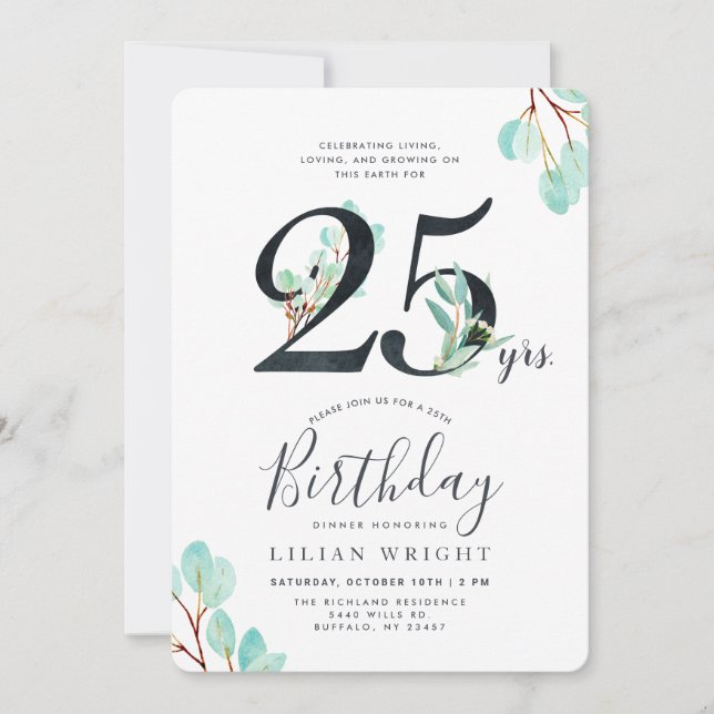 25 Yrs Growing 25th Birthday | Eucalyptus Invitation (Front)