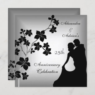 25th Anniversary Asian Black Silver Floral Couple Invitation