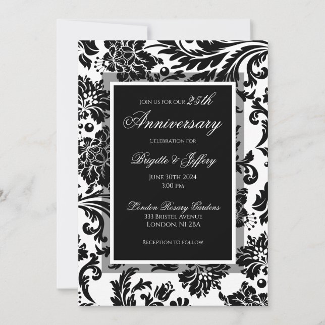 25th anniversary Black & white damask custom  Invitation (Front)