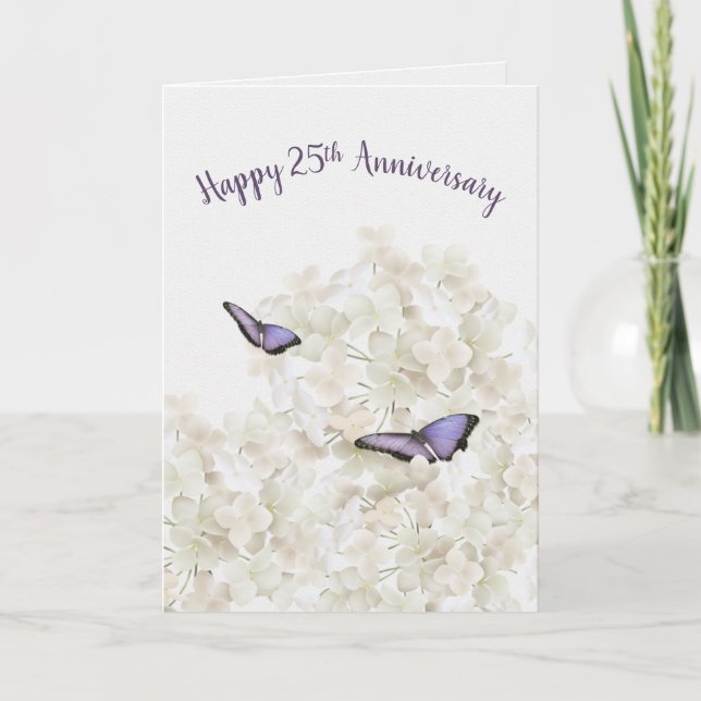 25th Anniversary Butterflies on White Hydrangea Card (Front)