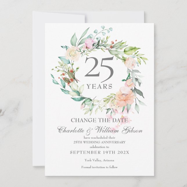 25th Anniversary Change the Date Roses Floral  Invitation (Front)
