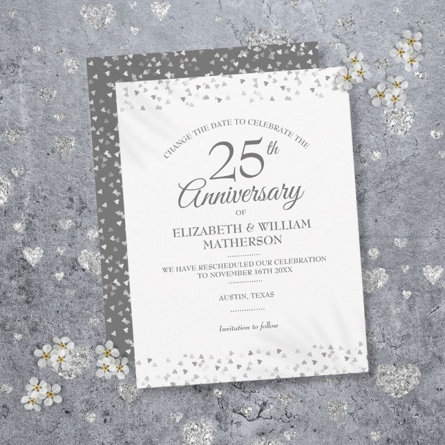 25th Anniversary Change the Date Silver Hearts  Announcement Postcard (25th Anniversary Change the Date Silver Hearts Announcement Postcard)