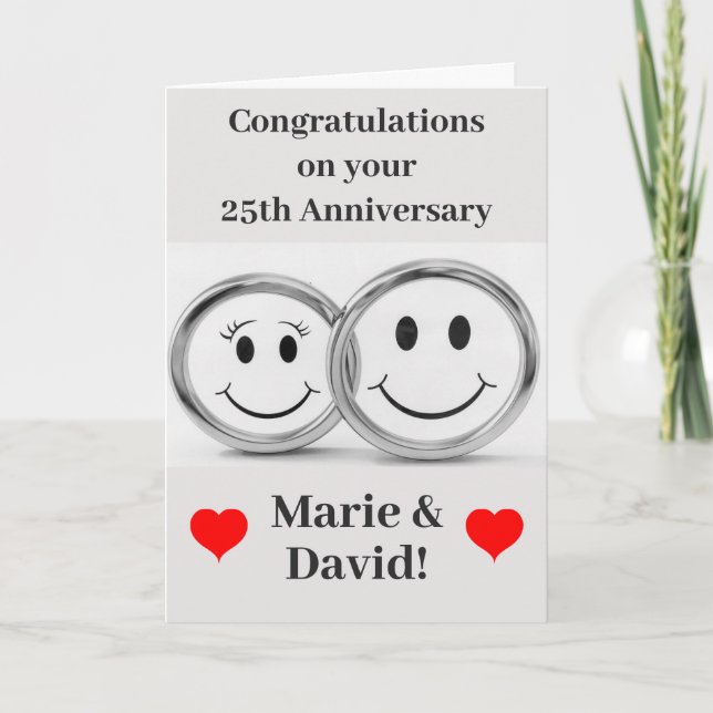 25th Anniversary Cute Silver Wedding Rings Card (Front)