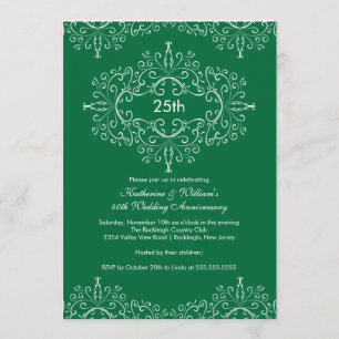 25th Anniversary Damask Invitation Green White
