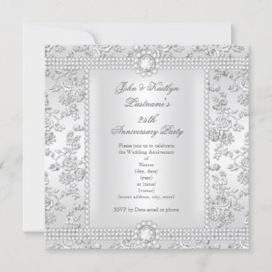 25th Anniversary Diamond Rose Damask Silver White Invitation