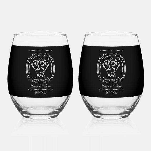 25th Anniversary Drinkware Set Stemless Wine Glass (Front)
