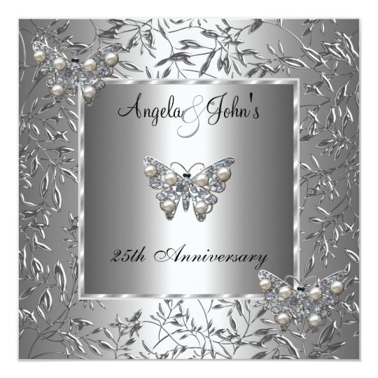 25th Anniversary Elegant Silver Floral Butterfly Card