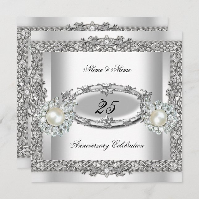 25th Anniversary Elegant White Silver Pearl Lace 2 Invitation (Front/Back)