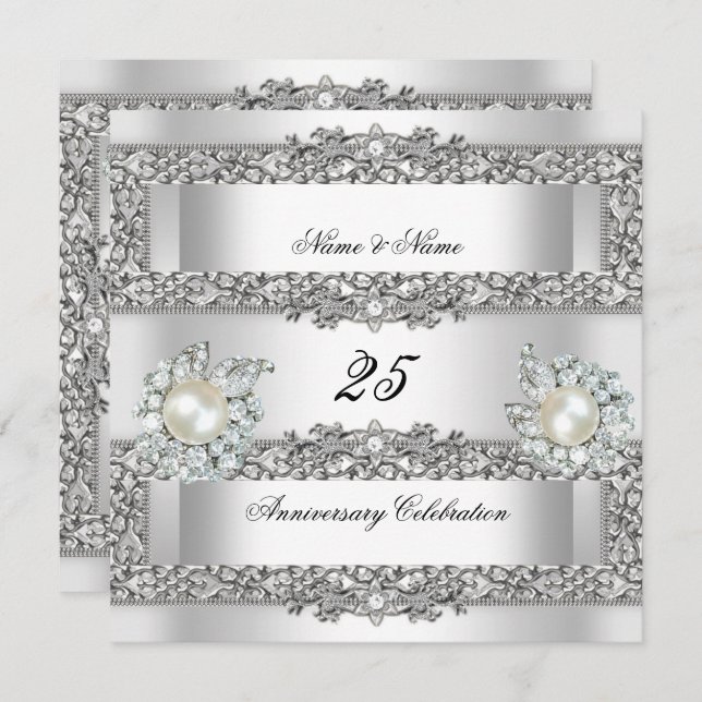 25th Anniversary Elegant White Silver Pearl Lace Invitation (Front/Back)