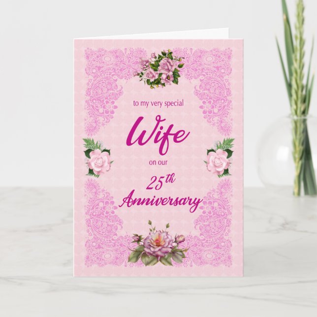 25th Anniversary for Wife with Pink Roses Card (Front)