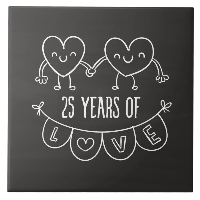 25th Anniversary Gift Chalk Hearts Ceramic Tile (Front)