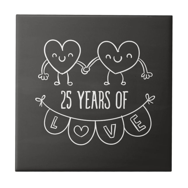 25th Anniversary Gift Chalk Hearts Ceramic Tile (Front)