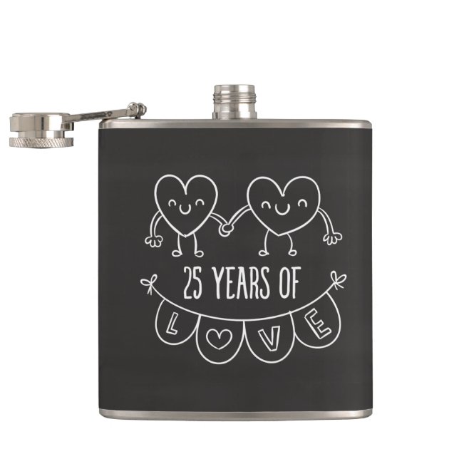 25th Anniversary Gift Chalk Hearts Hip Flask (Opened)