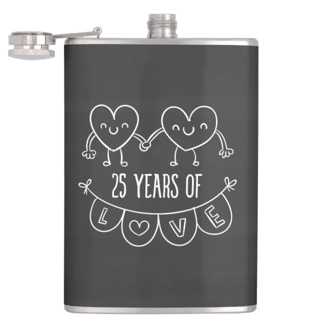 25th Anniversary Gift Chalk Hearts Hip Flask (Opened)