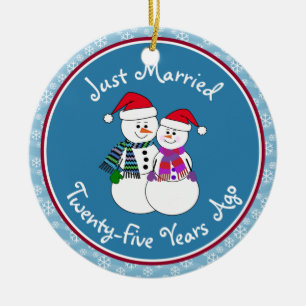 25th Anniversary Gift Fun Snow Couple Christmas Ceramic Ornament