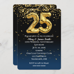 25th Anniversary Gold Balloons & Confetti  Invitat Invitation