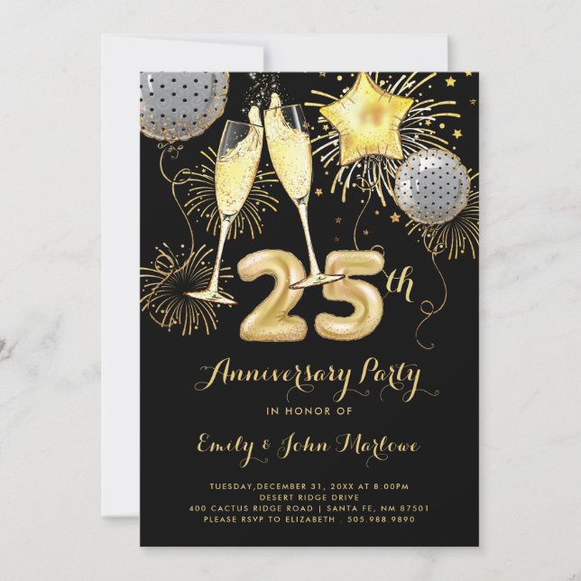 25th Anniversary Gold Black Balloons Champagne Invitation (Front)