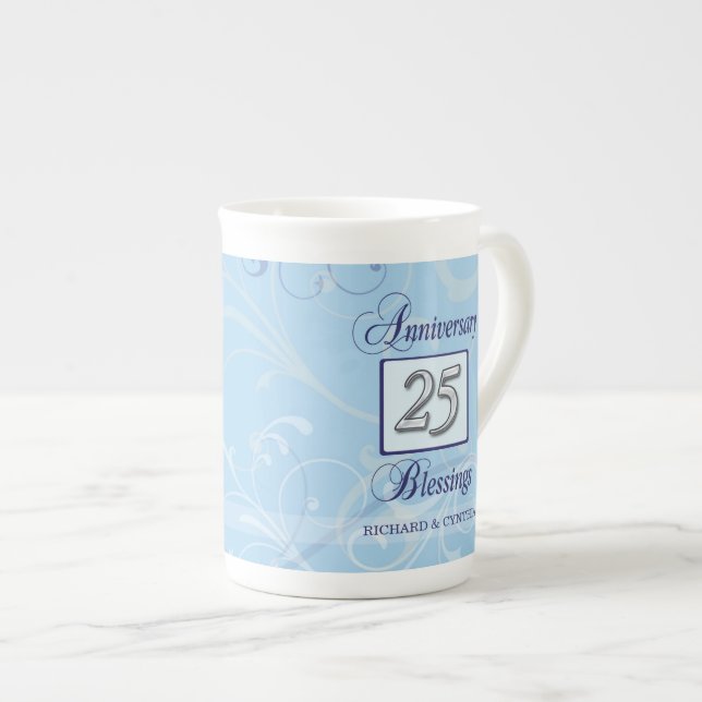 25th Anniversary in Blue and Silver Bone China Mug (Front Right)