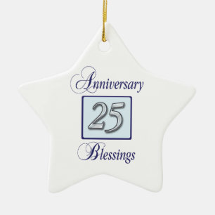 25th Anniversary in Blue and Silver Ceramic Ornament