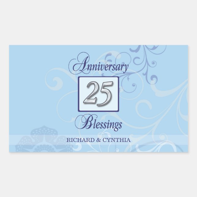 25th Anniversary in Blue and Silver Rectangular Sticker (Front)
