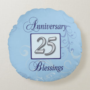 25th Anniversary in Blue and Silver Round Cushion