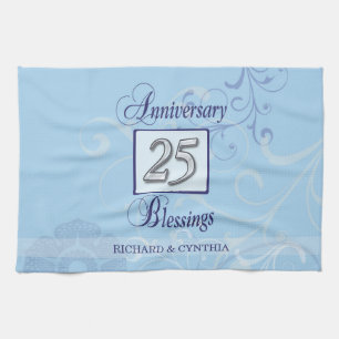 25th Anniversary in Blue and Silver Tea Towel