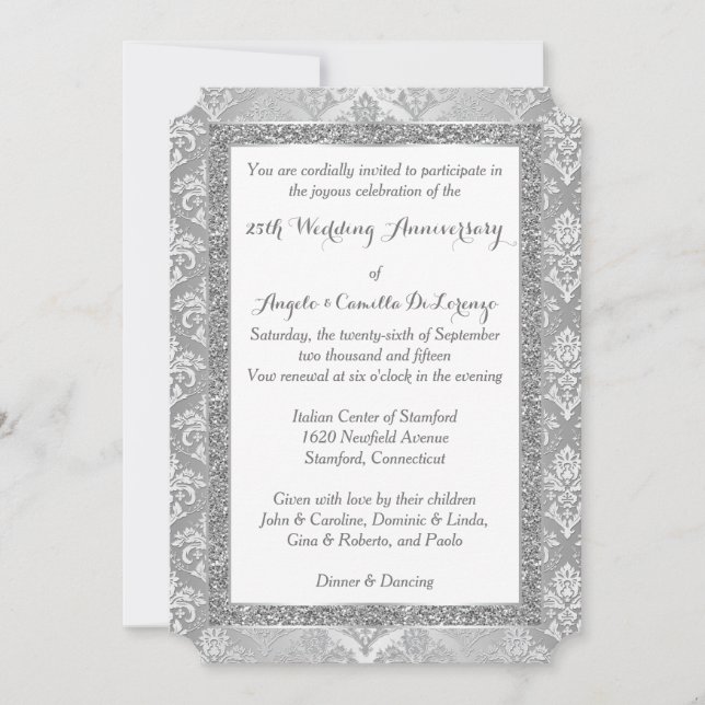 25th Anniversary Invitation | FAUX Silver Glitter (Front)