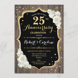 25th Anniversary Invitation - Rustic Wood Gold