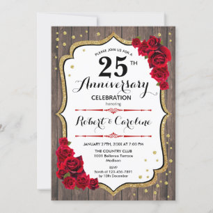 25th Anniversary Invitation - Wood Gold Red